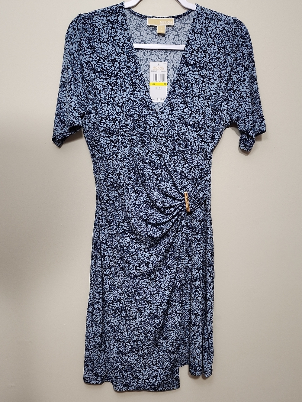 NWT Michael Kors Blue Floral Faux Wrap Mini Dress Gold Hardware Size